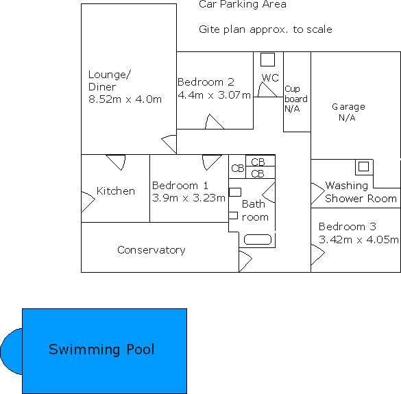 Gite plan view with swimming pool; see d-link