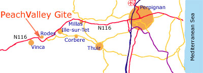 Map of Perpignan to Rodes, for holiday gite